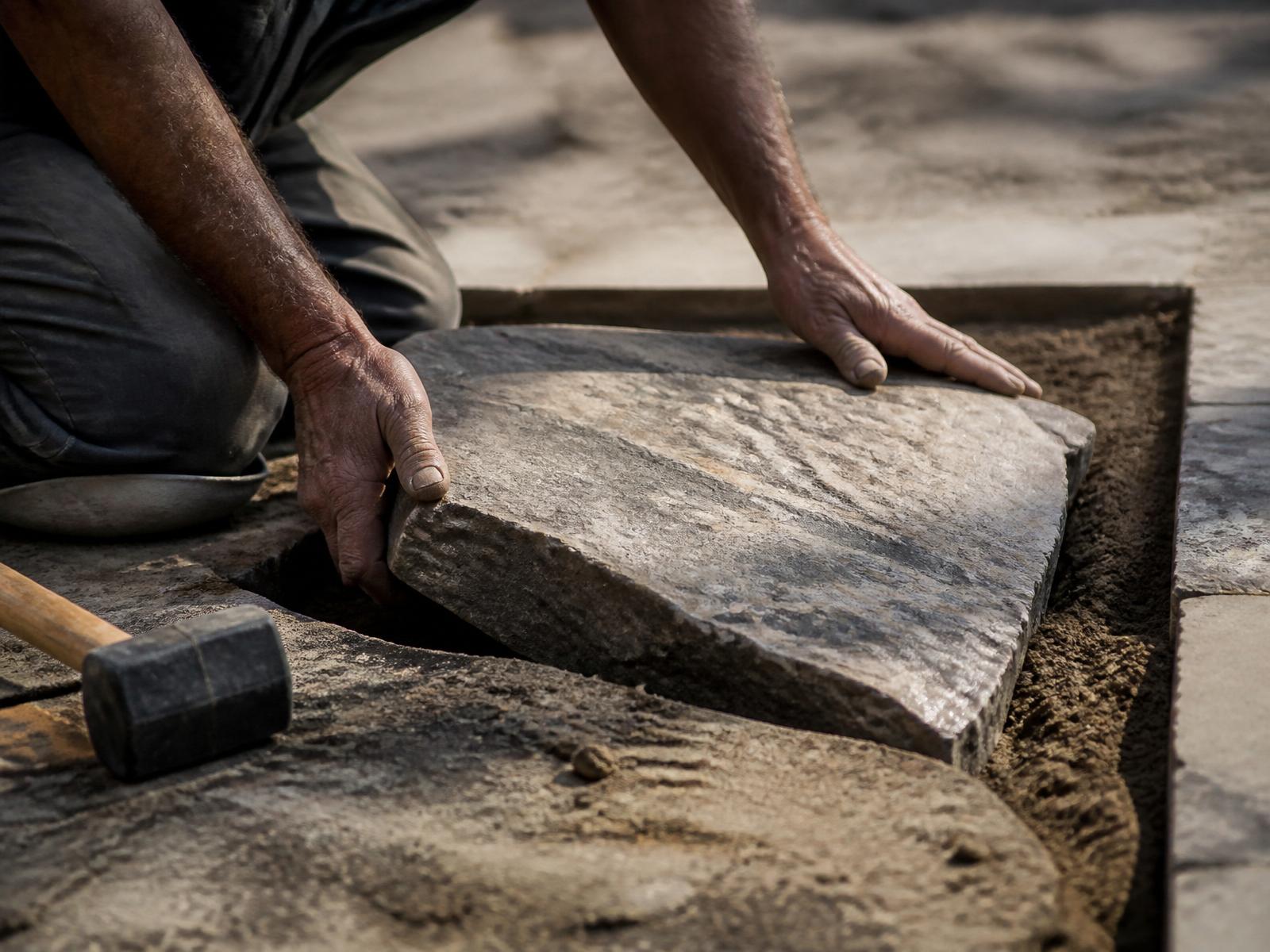 Master mason hand-setting a piece of natural bluestone