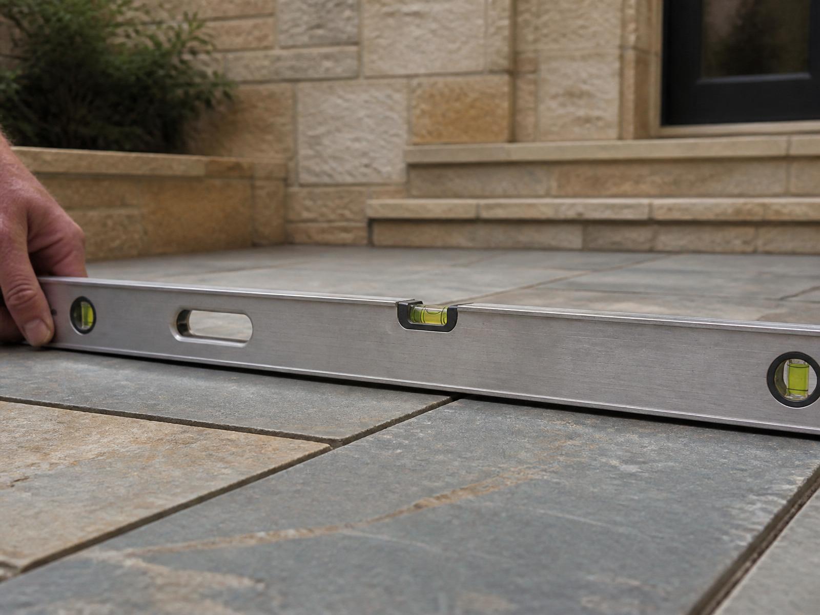 Long aluminum level checking a freshly set bluestone patio
