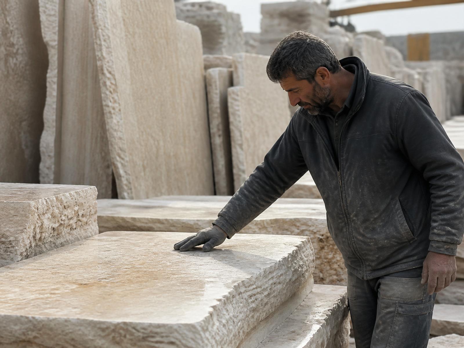 Craftsman selecting a limestone slab at the quarry