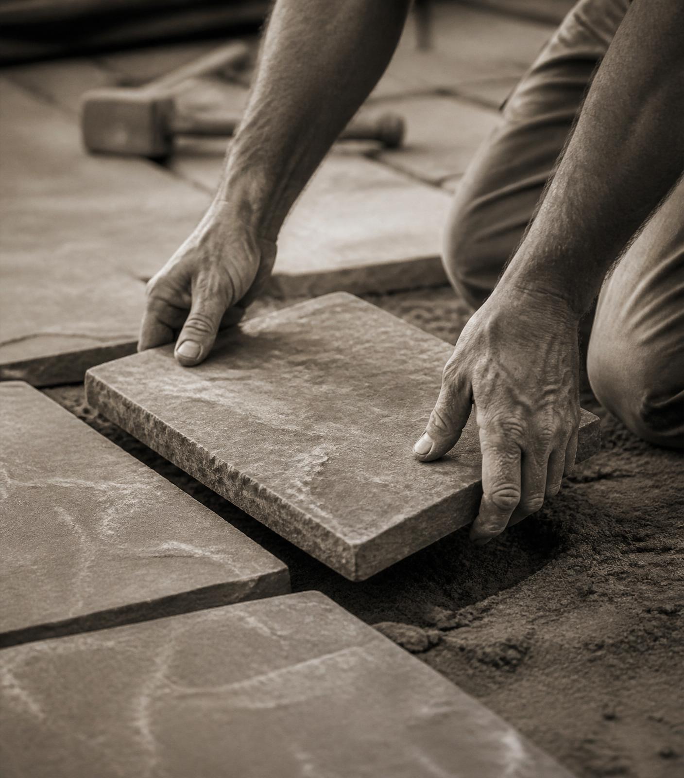 Master mason hand-setting a natural stone paver
