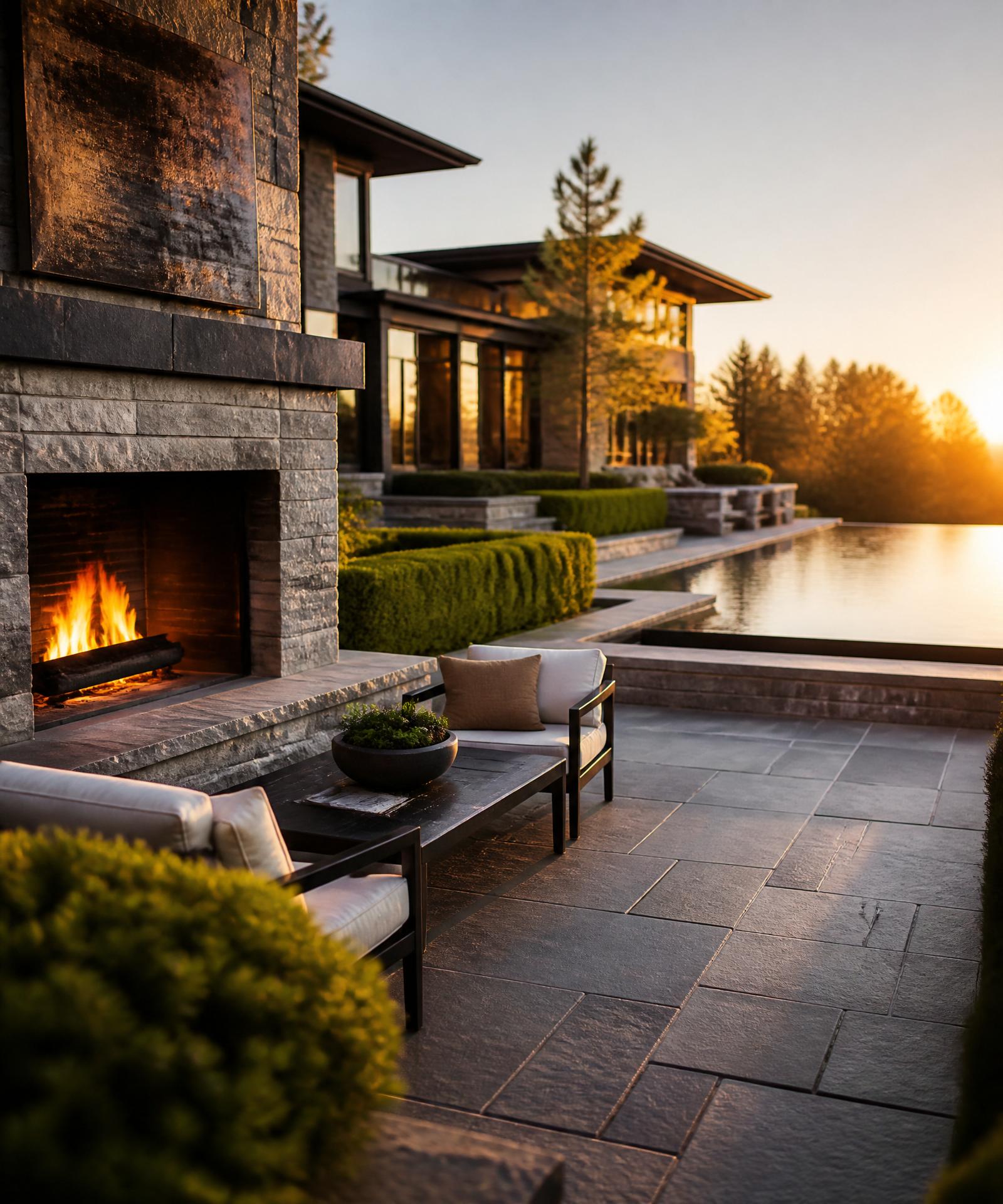 Bluestone patio with custom stone fireplace overlooking an infinity pool at golden hour
