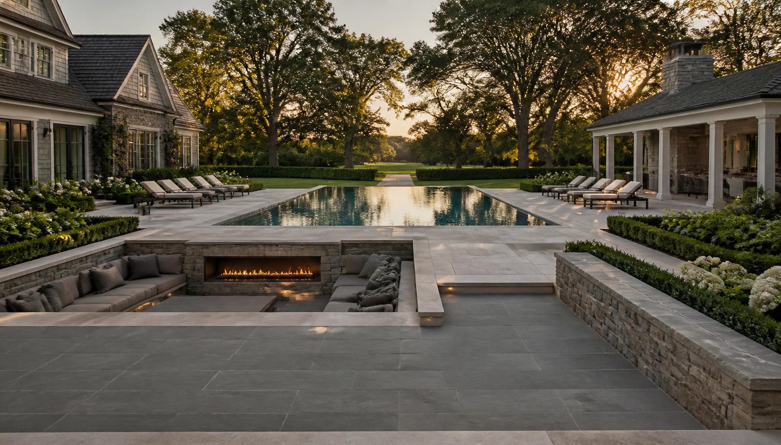 After — finished bluestone terrace, sunken fire lounge, and infinity pool at golden hour